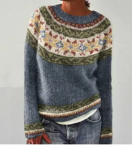 Elegant women's round neck Fair Isle knit pullover sweater in blue and grey marl