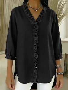 Women's casual dark grey denim shirt with V-neck ruffle trim detail