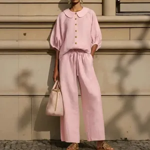 Women's pink cotton linen two-piece set with lantern sleeve shirt and wide leg pants