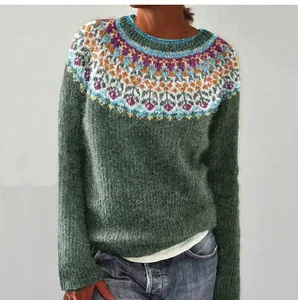Women's forest green knit sweater featuring a colorful vintage Fair Isle yoke pattern