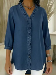 Casual ladies denim-style blue shirt with V-neck, ruffle details, and three-quarter sleeves