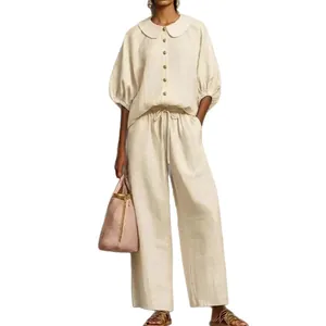 Elegant beige cotton linen set with lantern sleeve shirt and wide leg drawstring pants