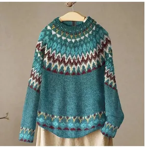 Cozy vintage teal Fair Isle knit pullover sweater featuring colorful geometric pattern