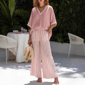 Damen Casual Locker V Ausschnitt Kurzarm Top Und Gestreifte Weite Hose Passendes Outfit Sommer Urlaub Set Polyester Elasthan Kleidung