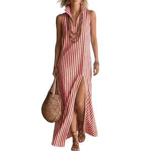Elegante vestido largo sin mangas de rayas rojas y blancas con cuello y abertura