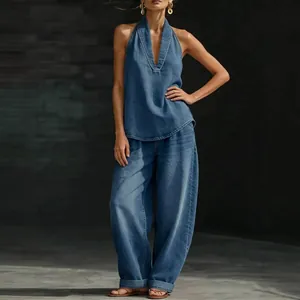 Damen Vintage Denim Zweiteiler Halter V-Ausschnitt Top Und Weite Hose Westlicher Stil Lässiges Washed Denim Set