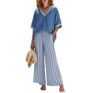 Lässiges zweiteilige Sommer-Leinen-Set für Damen mit V-Ausschnitt und Streifenhose