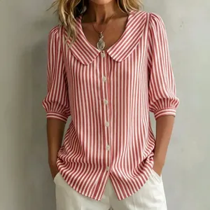 Women Elegant Cotton Linen Striped Blouse Peter Pan Collar Short Bubble Sleeve Loose Summer Commuting Fashion Shirt Top