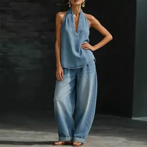 Vintage Denim-Zweiteiler mit Neckholder-Weste und weit geschnittenen Jeans für Damen