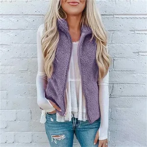 Kuschelige lila Sherpa-Fleeceweste für Damen mit Reißverschluss und Stehkragen-Design