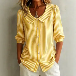 Summer yellow and white striped loose shirt with Peter Pan collar and puff sleeves