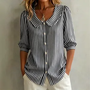 Loose striped short-sleeve shirt with a Peter Pan collar and vertical black stripes
