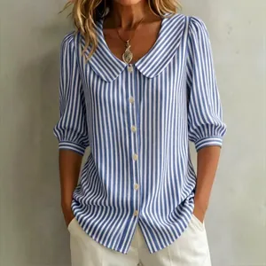 Elegant blue and white vertical striped blouse with Peter Pan collar and puff sleeves