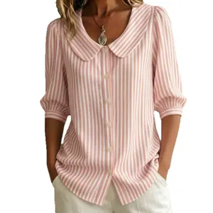 Summer women's pink striped short sleeve shirt with Peter Pan collar and puff sleeves