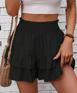 Close-up of black tiered high-waisted ruffled shorts for women summer casual outfit