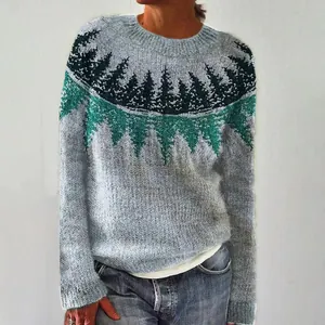 Women's loose round neck knit sweater with green forest tree pattern on gray base