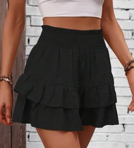 Detailed macro view of black tiered ruffled skort with smocked high waistband