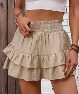 Detailed view of khaki high-waisted ruffled skort shorts for casual summer styling