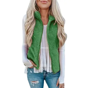 Lässige grüne Sherpa-Fleece-Weste für Damen mit Reißverschluss und Stehkragen für den Herbst