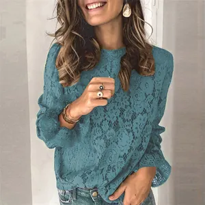 Elegant teal floral lace blouse with hollow-out design and bell sleeves for women