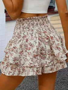 Vintage bloemenprint skort met hoge taille en ruches voor dames zomer mode