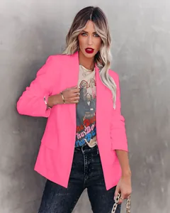 Opvallende neon roze getailleerde blazer met lange mouwen voor dames in zakelijke stijl
