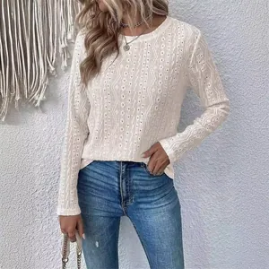 Women's Casual Polyester Hollow Out Eyelet Lace T-Shirt Solid Color Round Neck Splicing Top Summer Long Short Sleeve Shirt