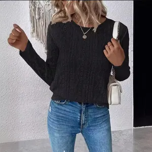 Elegant black long-sleeve eyelet knit top for women with a casual chic style