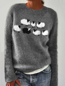 Cozy grey women's crew neck knitted pullover featuring a classic sheep pattern design