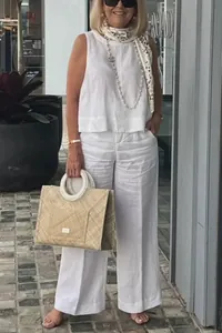 Elegant white cotton linen sleeveless top and wide-leg trousers fashion set for women