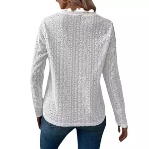 Elegant white long sleeve hollow-out casual shirt for women shown from a back view