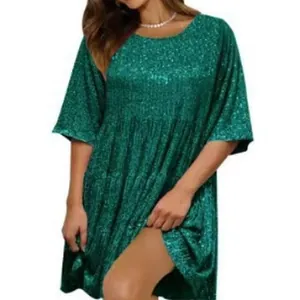 Elegantes grünes Pailletten-Kurzarmkleid mit lockerer Passform und Rundhals für Feste