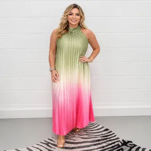 Sleeveless round neck pleated dress featuring a vibrant green to pink ombre gradient design