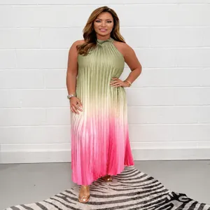 Sleeveless round neck pleated dress featuring a vibrant green to pink ombre gradient design