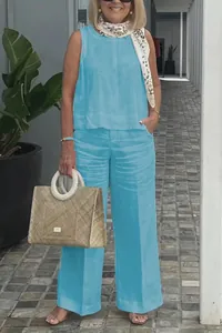 Women's casual sleeveless cotton linen top and wide-leg trousers set in sky blue finish