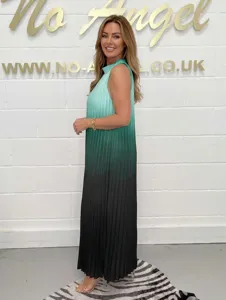 Side view showing the details of elegant sleeveless ombre pleated maxi dress in green gradient