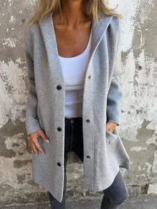 Women's casual grey hooded jacket with single-breasted buttons for autumn and winter