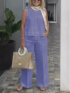 Casual purple cotton linen two-piece set for women with sleeveless top and wide-leg pants