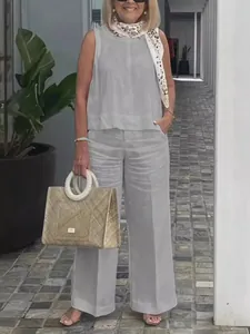 Elegant grey sleeveless cotton linen two-piece set with wide-leg pants for women
