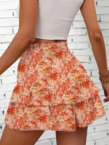 Back detail view of floral tiered wide-leg skort with summer orange print pattern