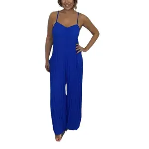 Royal blue spaghetti strap pleated wide-leg jumpsuit for an elegant summer outfit