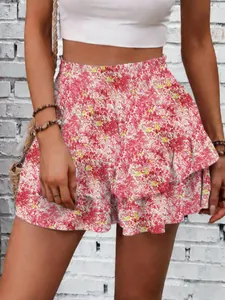 Boho summer floral print mini skort for women with elastic high waist and ruffled layers