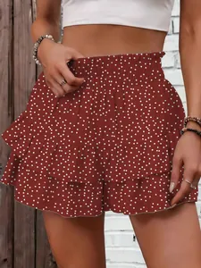 Close-up of red and white polka dot layered ruffle skort with high elastic waist
