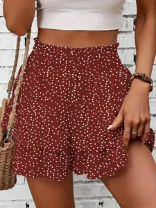 Fashionable summer burgundy polka dot tiered skort with high elastic waist for women