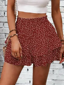 Fashionable red and white polka dot tiered ruffled high-waisted mini skort for summer