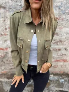 Damen Wildlederimitat Jacke Revers Langarm Casual Polyester Patchwork Oberbekleidung Mit Metallreißverschluss Einfarbig Tasche Knopf Mantel