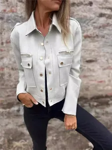 Stilvolle cremeweiße Wildlederimitat-Jacke mit Reverskragen und Metallreißverschluss