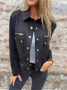 Schwarze Damen-Wildlederjacke mit Revers, Goldknöpfen und modischen Reißverschlüssen