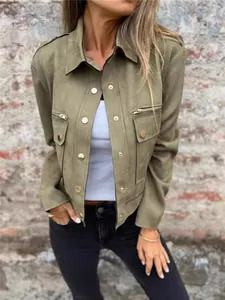 Stilvolle olivgrüne Wildlederimitat-Jacke mit Reverskragen und Metallreißverschlüssen