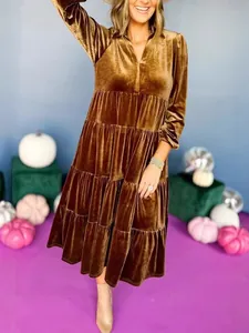 Women's Velvet V-Neck Long Sleeve Tiered Maxi Dress Plus Size Elegant Solid Color Ruffle Hem Autumn Winter Party Dress